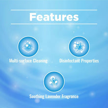 Features panel: multi-surface cleaning, disinfectant properties, lavender fragrance