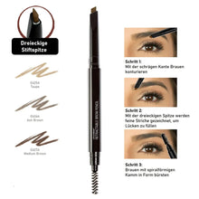 Retractable brow pencil with medium brown lead shown with brow step illustrations.