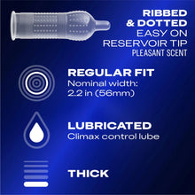 Ribbed and dotted condom with reservoir tip and regular fit details