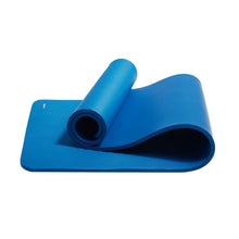 Blue yoga mat with rolled tube section and dark end opening