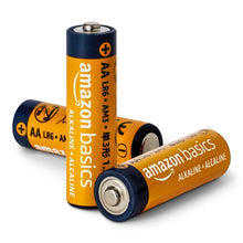 AA alkaline batteries, orange cells with blue ends and + terminals