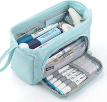 Light blue large pencil case with zipper, open top showing pen slots and supplies