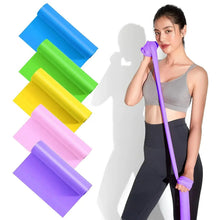 Resistance exercise band set of five colored latex bands, stretched while held in hand