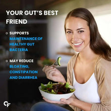 Probiotics marketing graphic with smiling woman holding salad bowl and gut support text