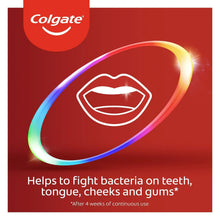 Toothpaste benefits panel with mouth icon and text about fighting bacteria