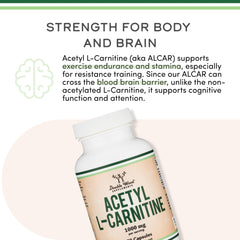 Double Wood Supplements Acetyl L Carnitine (150 Capsules, 75 Day Supply) 1,000mg ALCAR for Brain Function Support, Memory, Attention, and Stamina - Made and Tested in The USA