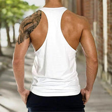 Men's white racerback tank top, plain back with shoulder straps