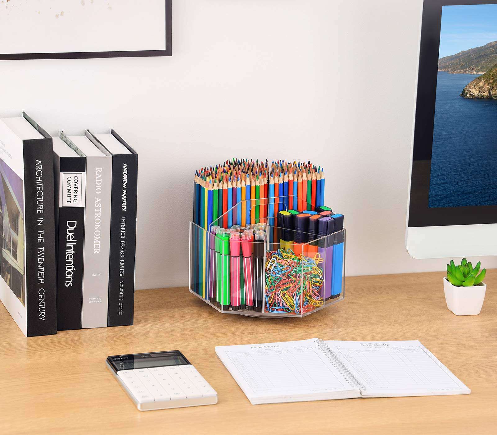 Marbras Acrylic Pen Holder, 360 Degree Rotating Clear Pen Organizer for Desk with 6 Compartments, Holds Over 600 Pencils, Stationery Organizer for Office, School, Home, and Art Supplies