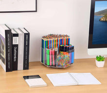 Clear acrylic rotating pen holder with colored pencils and six vertical compartments