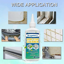 Home stain cleaner gel bottle with cleaning icons and labeled surface areas