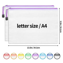 Letter-size/A4 mesh zipper pouches in white, with purple zipper and black pull