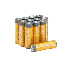 Alkaline AA batteries, orange cylinders with gray tops and metal terminals