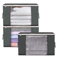 Foldable clothes storage bag organizer, open view with transparent window, dark gray