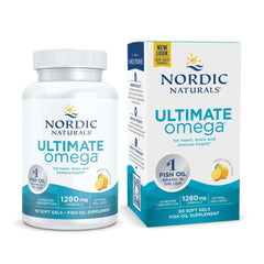 Nordic Naturals Ultimate Omega supplement bottle and box 1280 mg omega 3 soft gels lemon flavor for heart brain immune health
