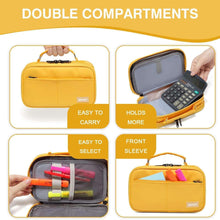 Yellow pencil case with double compartments and front sleeve, labeled layout view