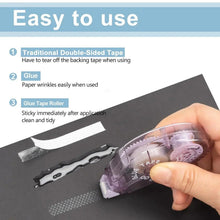 Double sided tape roller dispensing adhesive strip with hand on dark paper
