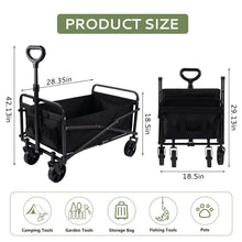 Black folding garden cart with fabric sides and front support bar, four wheels