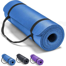 Rolled blue yoga mat with carrying strap and textured non-slip surface