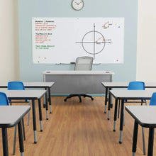 White glass dry-erase magnetic board with chart and labels in marker