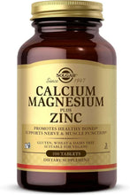 Solgar Calcium Magnesium Plus Zinc tablets bottle, amber bottle with gold cap