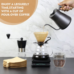 Pour Over Coffee Maker set, V60 Kit with Portable Carry Case, Kettle with Thermometer, Drip Filter Share Pot,Filters, Coffee Scale, Double wall Mug, Manual Grinders