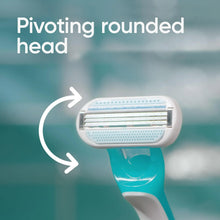 Pivoting rounded razor head with three blades and teal handle, close-up