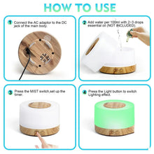 Aroma diffuser with wood base, showing mist and light buttons in a how-to layout