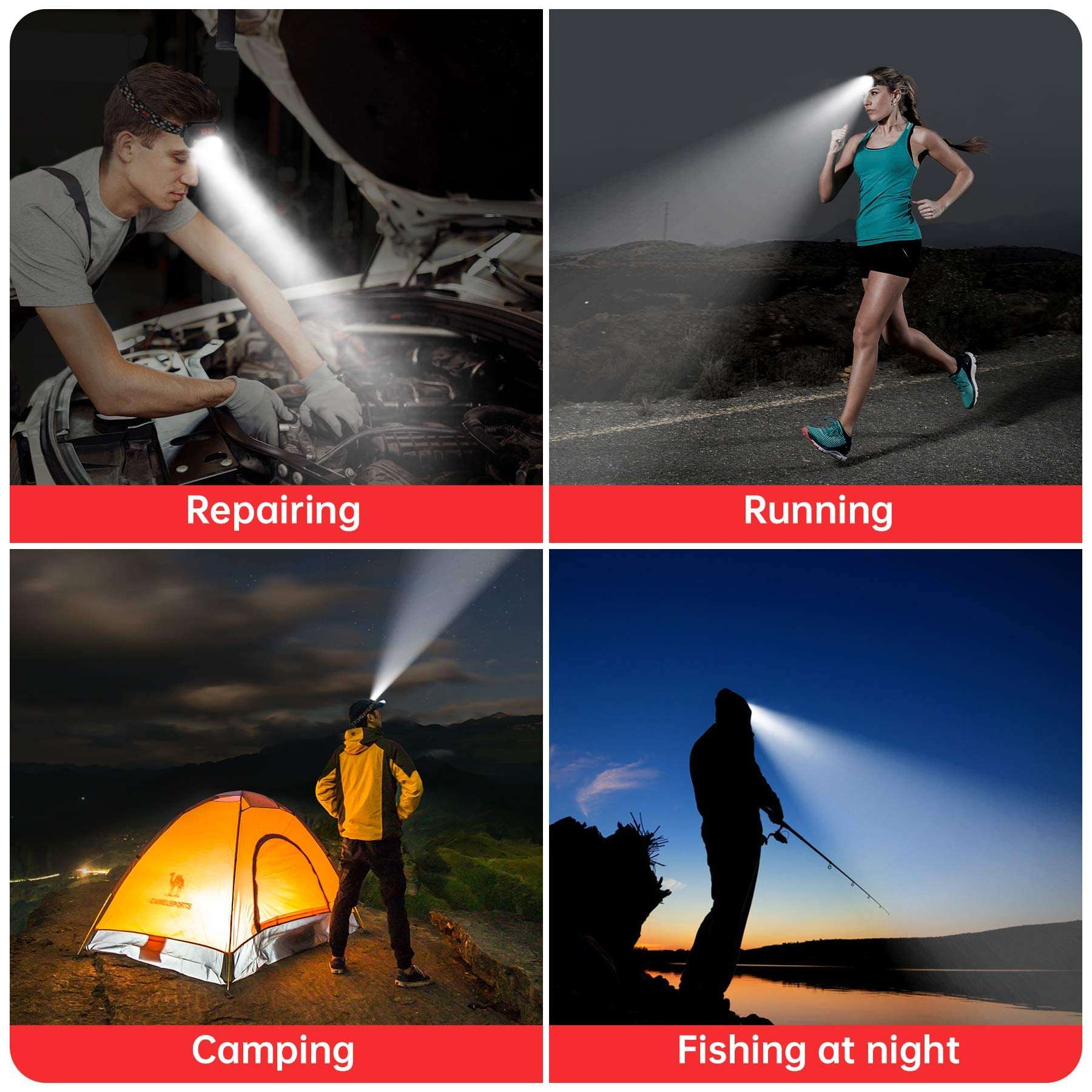 LED Head Torch, 800 Lumen Ultra-Light Bright LED Rechargeable Headlamp with White Red Light, 2-Pack Waterproof Motion Sensor Headlights, 6 Modes for Outdoor Camping Cycling Running Fishing