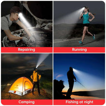 Headlamp used for night running and camping, bright beam cutting through darkness