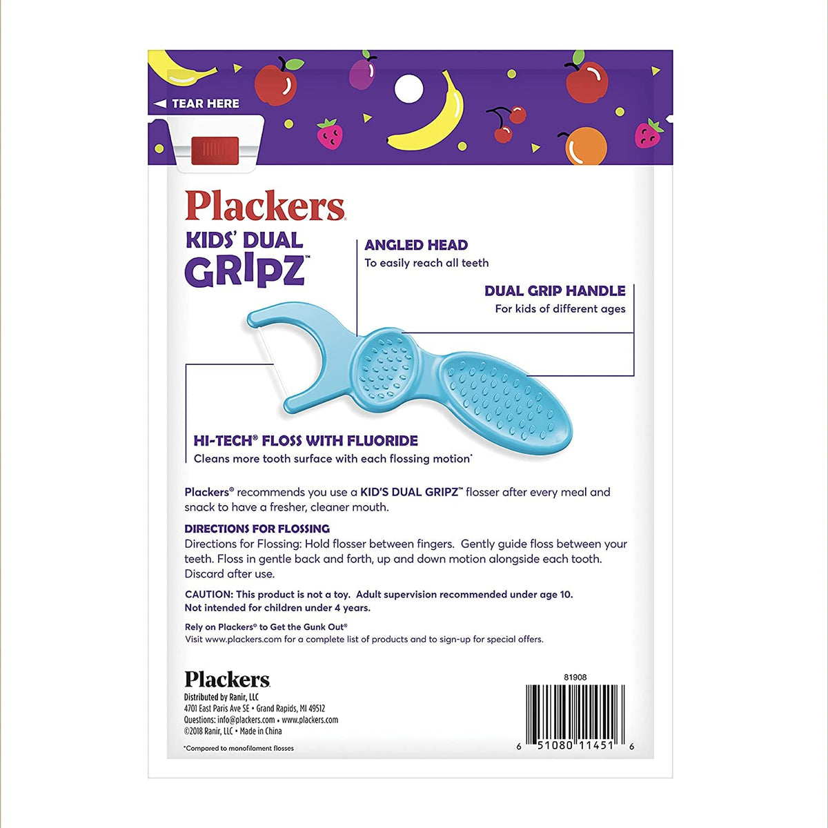 Plackers, Kid's Dual Gripz, Dental Flossers with Fluoride, Fruit Smoothie Swirl, 75 Count