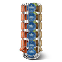 Rotating coffee capsule pod holder with silver wire frame and colorful capsules