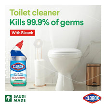 Toilet bowl cleaner bottle with red nozzle next to white toilet bowl
