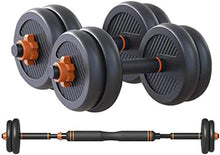 Adjustable dumbbell set with dark gray weight plates and orange locking collars