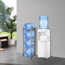 4-tier water bottle storage stand with three blue 5-gallon bottles and a white water dispenser