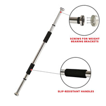 Pull-up bar with black foam grip and weight plate attachment end