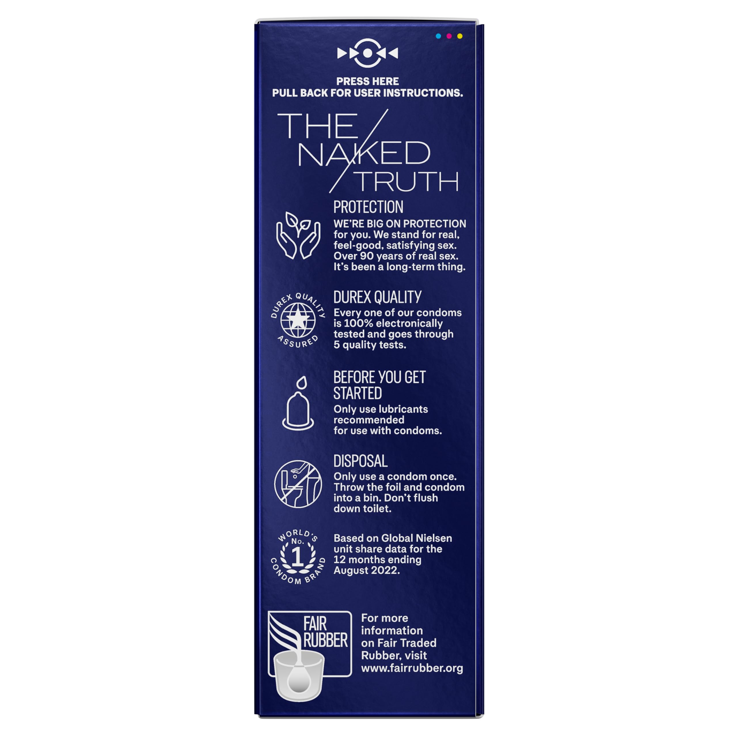 Durex Performax Intense condoms UAE blue box side panel showing safety usage quality and disposal information