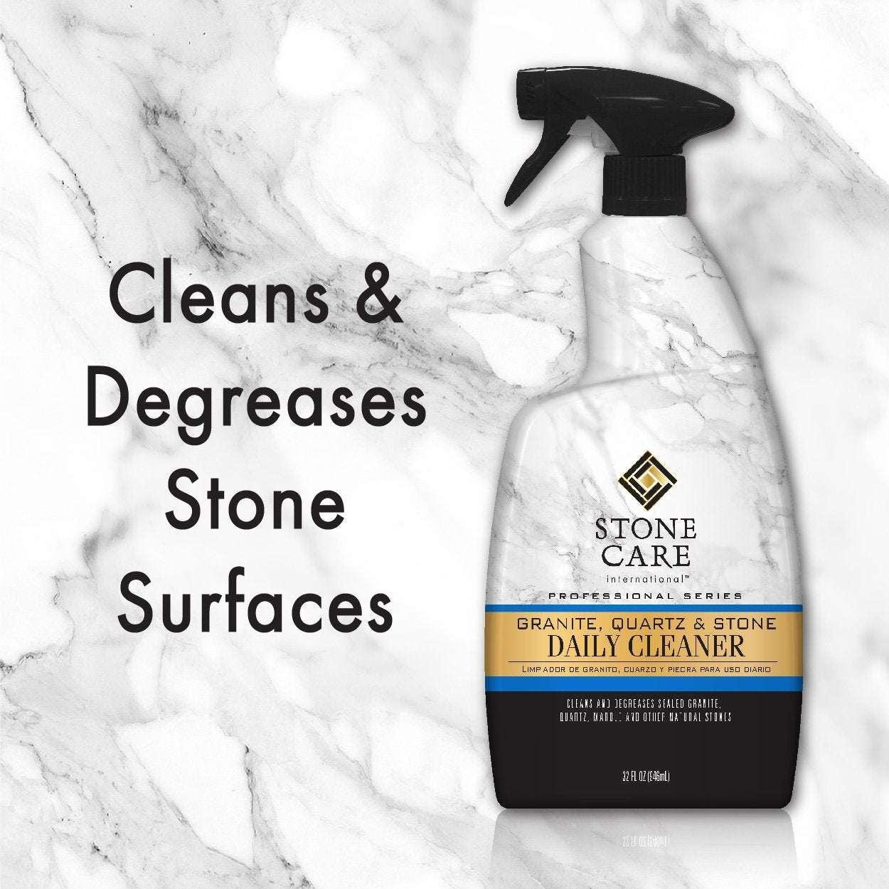 Stone Care daily cleaner sprayer bottle labeled for cleaning and degreasing stone surfaces