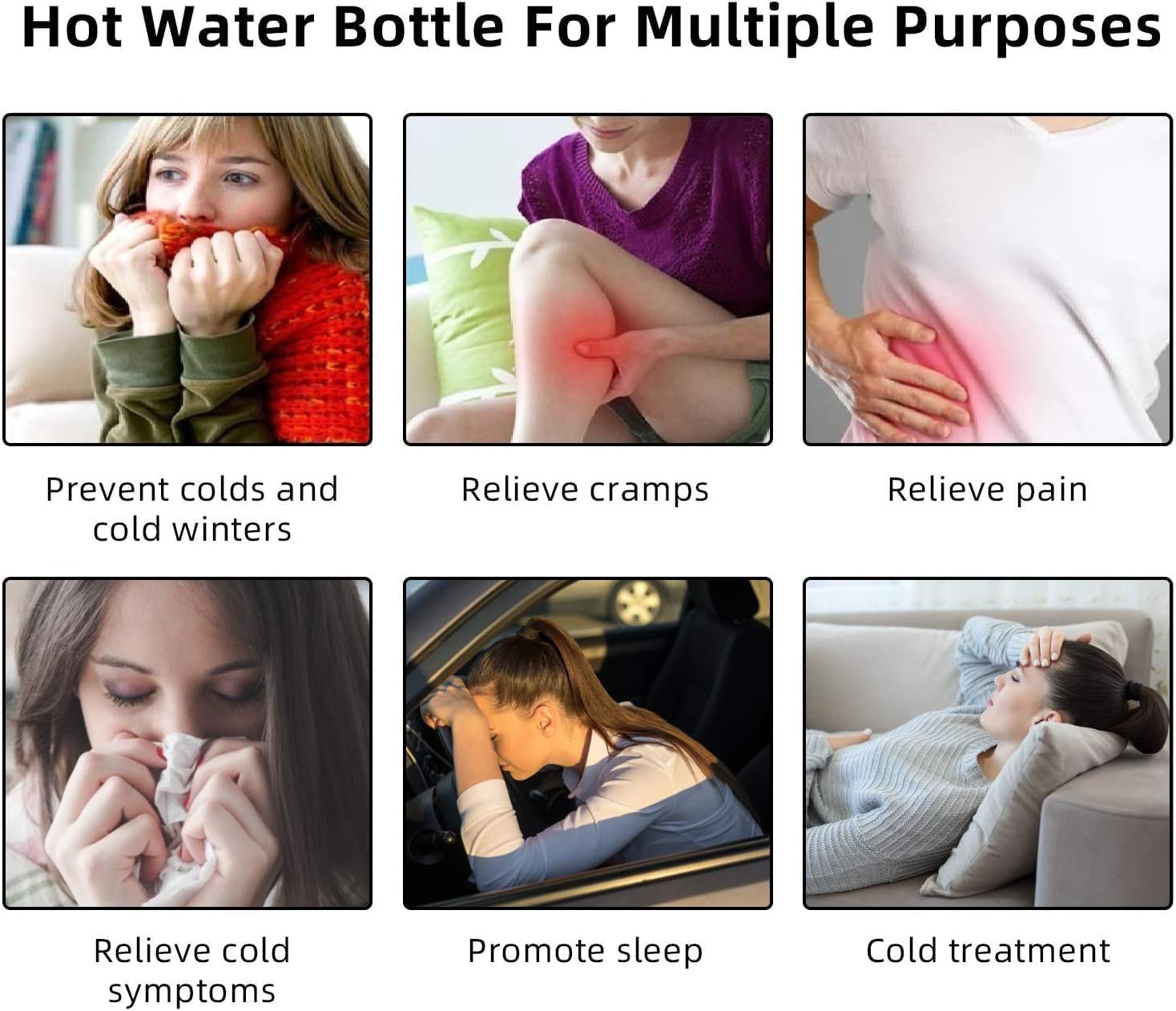Collage showing multiple uses for a hot water bottle with soft cover relieving cramps pain colds and promoting sleep