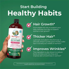 Liquid multivitamin bottle held in hand with hair growth benefit text