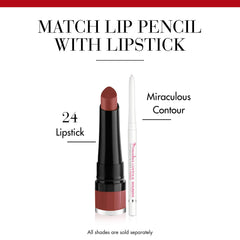 Bourjois Rouge Velvet Lipstick in shade 24 with Miraculous Contour lip pencil for precise lip definition