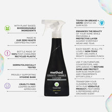 Granite & marble cleaner bottle with feature text on label and dark bottle