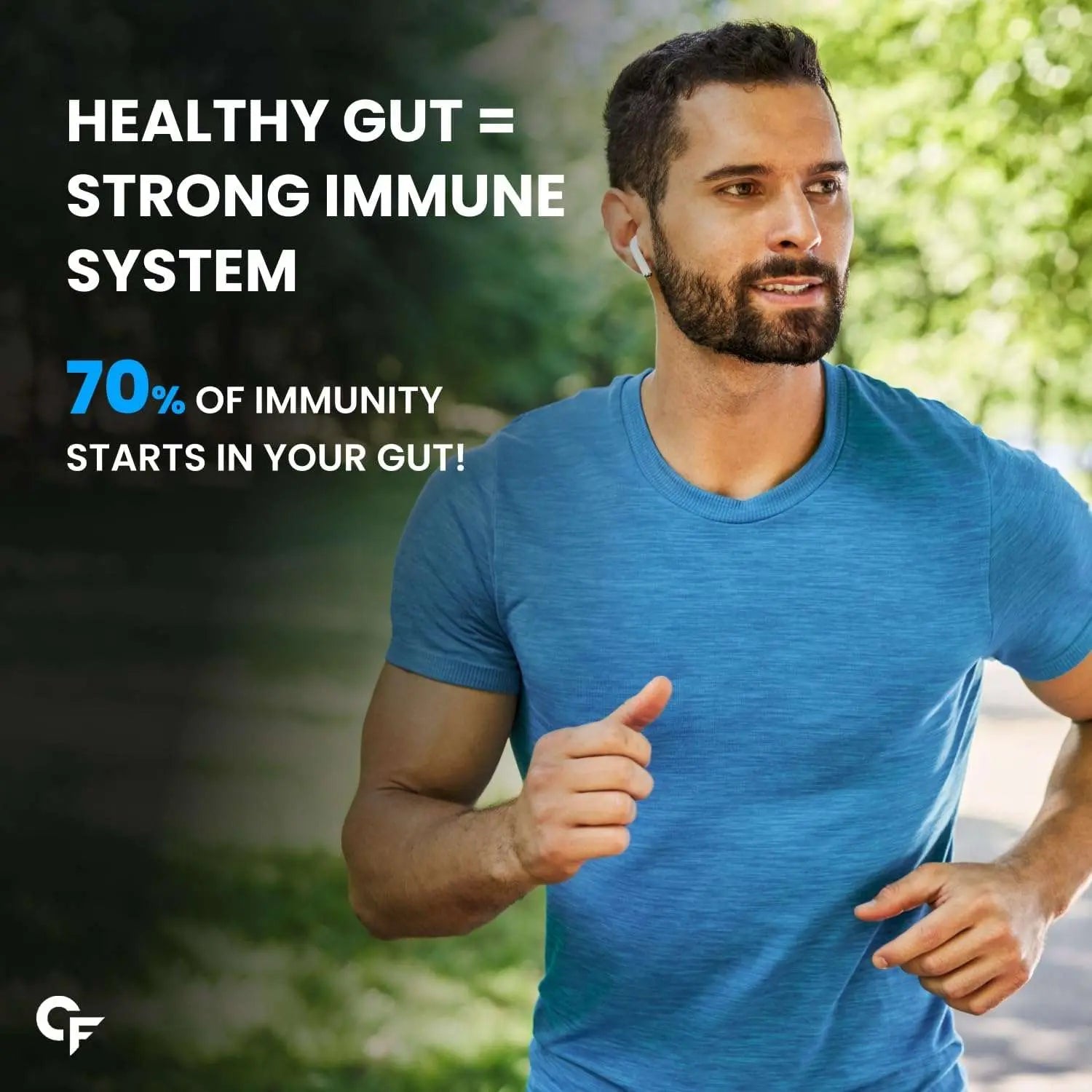 Man jogging while promoting healthy gut and strong immune system with Carbamide Forte Probiotics 50 Billion