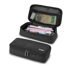 Black pencil bag, open with mesh pocket and pens in main compartment