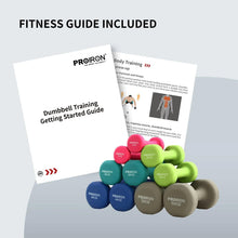 Neoprene dumbbell set with multiple colors and included fitness guide papers.
