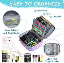 Purple pencil case organizer with mesh zipper pockets and elastic pen slots