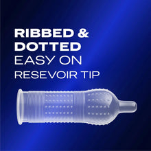 Ribbed and dotted reservoir-tip latex condom with tapered easy-on end