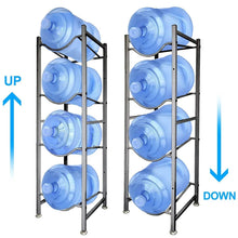 4-tier water bottle storage stand with four blue bottles, front view showing up and down positions