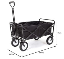 Black folding wagon cart with fabric seat, diagonal support bar, and four wheels