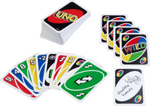 UNO card deck with wild and number cards fanned out, plus boxed-card set
