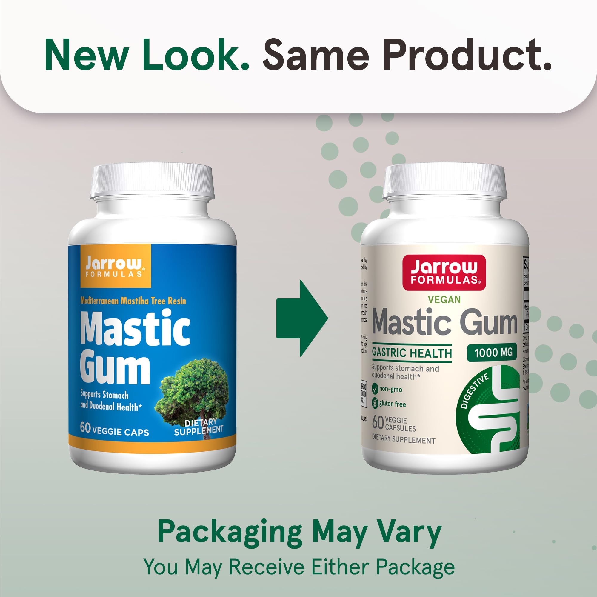 Jarrow Formulas Mastic Gum 1000mg showing old and new bottle packaging comparison for 60 veggie caps